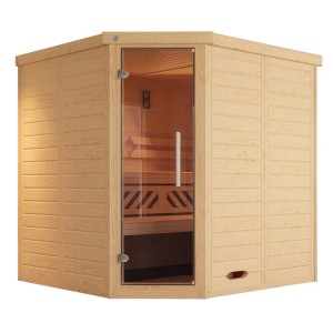 Sauna d'angle en bois massif Weka Kemi avec porte en verre, épicéa naturel.