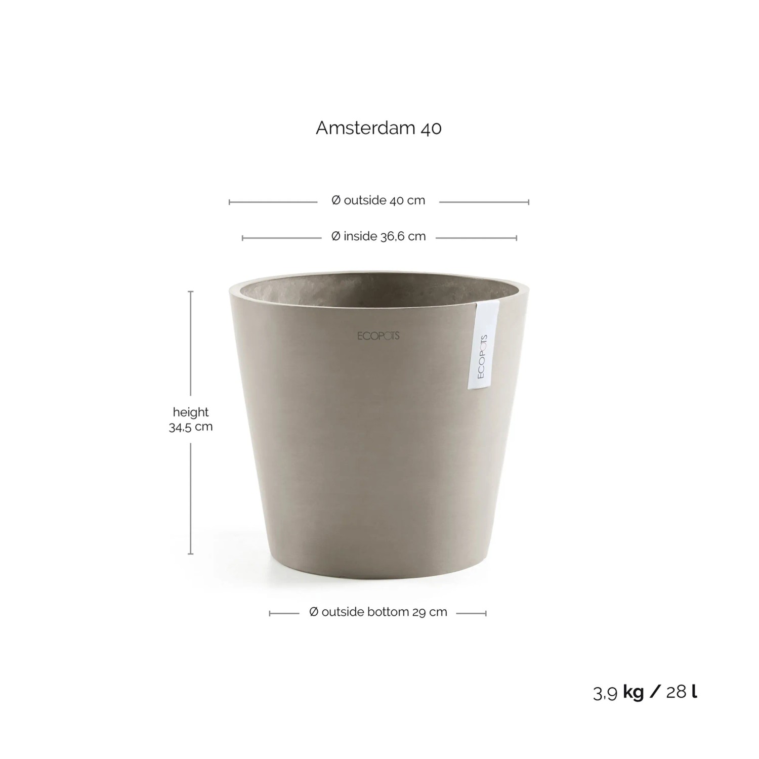 Vaso Grande In Plastica Riciclata 40 Cm – 22 Litri Grigio – Per Piante Da Interno/Esterno