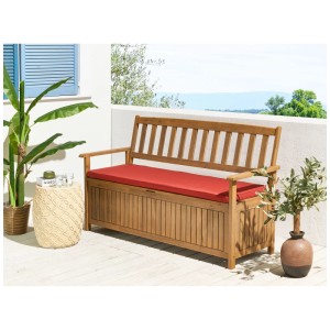 Banc de jardin Sovana en acacia avec coussin rouge et espace de rangement.