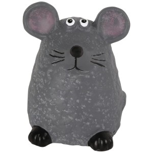 Graue Dekofigur Maus aus Keramik für den Garten, 15,5x11x11 cm.