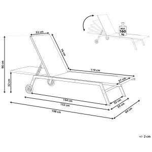 Disegno tecnico: lettino da giardino Beliani Levanzo, rivestimento in tessuto rosso, telaio in acciaio, dimensioni e portata.