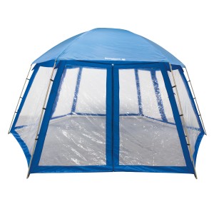 Abri de piscine Steinbach bleu pour piscines hors sol, 500x433x250 cm, avec parois latérales transparentes.