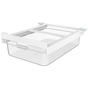 Organizzatore frigorifero trasparente Rotho Cauma con telaio bianco e ventose.