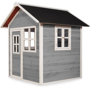 Cabane en bois grise EXIT Loft 100 avec porte et fenêtres. Idéale pour que les enfants jouent dans le jardin.