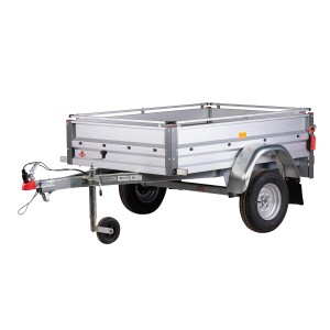 Remorque Stema Variolux 550 avec roue jockey et antivol, remorque auto argentée.