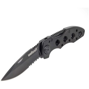 Coltello da tempo libero pieghevole Wolfcraft con lama seghettata e manico in alluminio nero.