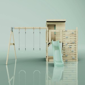 Tour de jeu PolarPlay Björn avec balançoire et toboggan, vert menthe. Aire de jeux en bois avec mur d'escalade.
