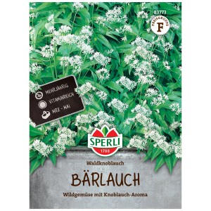 Sachet de graines d'ail des ours Sperli avec de l'ail des ours en fleurs.