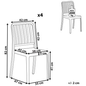 Immagine del set di sedie da giardino Beliani Sersale, 4 sedie in plastica bianca con dimensioni.