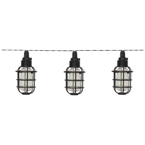 Catena luminosa solare nera in stile industriale con 8 LED bianco caldo per esterni.