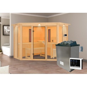 Sauna a infrarossi Karibu Anik con stufa e 2 riscaldatori a infrarossi, legno naturale con elementi in vetro.