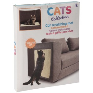 Emballage du tapis à griffer pour chat en sisal beige, 130x45cm. Accessoire pour arbre à chat pour protéger les meubles.