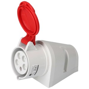 Prise murale CEE, 5 pôles, 32A, IP44, gris-rouge avec couvercle ouvert.
