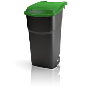 Rotho Abfalltonne Atlas, 100 l, anthrazit mit grünem Deckel, Rollcontainer für Haus und Garten.