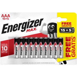 Piles Energizer Alkaline Max AAA, lot de 20. Alimentation longue durée pour divers appareils.