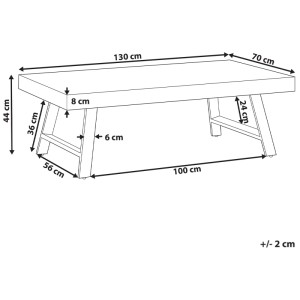 Schizzo: Tavolino da caffè Beliani Warton, legno di pino marrone, dimensioni 44x70x130cm.
