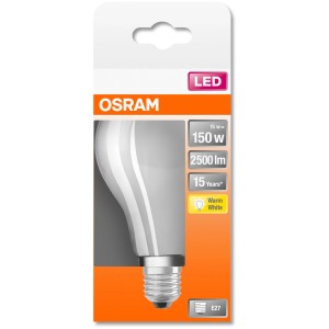 Ampoule LED Osram E27 forme classique, 17W, lumière blanc chaud.