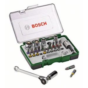 Set di cacciaviti e cricchetto Bosch Promoline, 27 pezzi, con inserti, bussole e cricchetto in custodia verde.