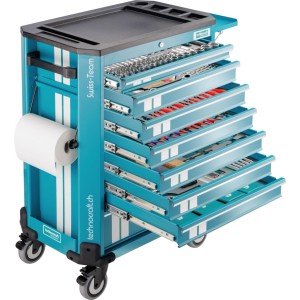 Chariot d'atelier Technocraft Swiss Team Plus, turquoise, avec 8 tiroirs ouverts remplis d'outils professionnels, porte-rouleau, mobile.