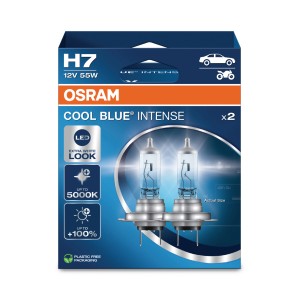 Osram H7 Cool Blue Intense lampadine alogene, confezione da 2 per auto elettriche con luce bianca extra.