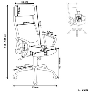 Schizzo di sedia da ufficio Pioneer grigia con dimensioni, carico massimo 120 kg, adatta per forniture da ufficio.