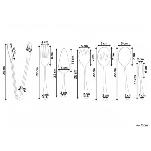 Dimensions du set d'ustensiles de cuisine Beliani Ziti: set 7 p. en acier inox avec pince, fourchettes, cuillères, pelle, couteau.