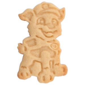 Plätzchen in Form von Paw Patrol Rocky, hergestellt mit Präge-Ausstecher, Küchenhelfer.