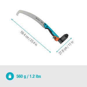 Scie Gardena avec adaptateur pour coupe-branches StarCut Pro L. Scie à branches avec manche bleu-orange et adaptateur.