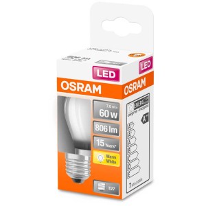 Lampadina LED Osram a goccia, E27, opaca, bianco caldo, equivalente a 60W. Risparmio energetico e lunga durata.