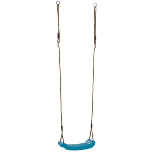 Siège de balançoire bleu en plastique avec cordes et anneaux en acier pour toboggans et balançoires.