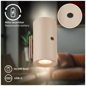 Applique à batterie beige Briloner Misy, dimmable, avec support adhésif pour une installation facile.