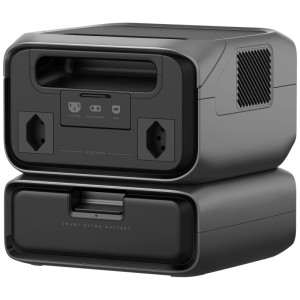 Station électrique noire Ecoflow River 3 Max avec 572 Wh et batterie supplémentaire.