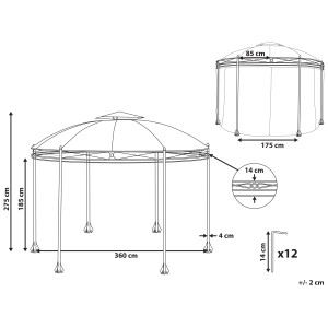Schizzo: Beliani Gazebo Safara, acciaio, rotondo, grigio grafite, con dimensioni.