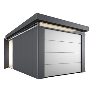Porte de garage sectionnelle argent métallisé avec motorisation pour accessoires d'abri de jardin.