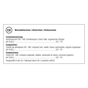 Inhaltsangabe GROW by OBI BIO Anzucht- und Kräutererde mit Zusammensetzung, pH-Wert und Herstellungsort.