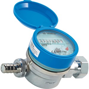 Compteur d'eau froide chromé pour la mesure de la consommation avec couvercle bleu.