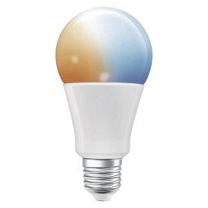 Lampadina LED dimmerabile Osram Smart+ E27 a forma di lampadina A100, che emette luce bianca calda e fredda.