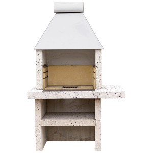 Nouvel Cheminée de jardin Sole, barbecue carré en béton lavé gris avec étagère et conduit de fumée en acier inoxydable.