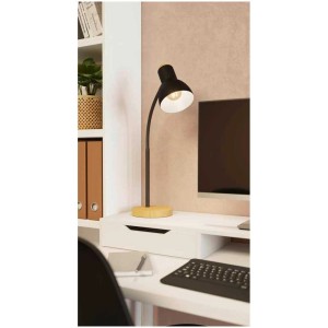 Lampada da tavolo nera Eglo Veradal E27 in acciaio e legno su scrivania.