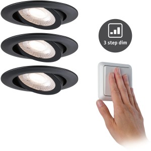 Set de spots encastrables, dimmable 3 niveaux, orientable, LED, 3x4,8W, 3000K, 230V, Noir mat, avec interrupteur