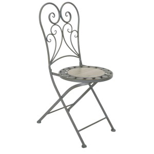 Sedia pieghevole Provence in ferro antracite con schienale decorato e seduta in ceramica per balcone.