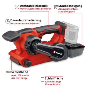 Ponceuse à bande sans fil Einhell TP-BS 18/457 Li BL Solo avec boîte à poussière et bandes abrasives.