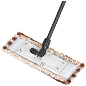 Balai lave-sol Peggy Perfect pour parquet avec housse coton marron-beige et manche télescopique noir.