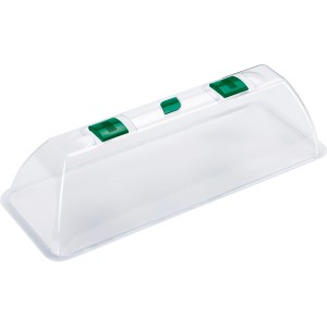 Coperchio trasparente per serra 54x20x14,5cm con cursori di ventilazione verdi per una propagazione ottimale delle piante.
