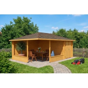 Imprägnierte 5-Eck Gartenlaube Maik-40 mit Anbau und Spitzdach im Garten.