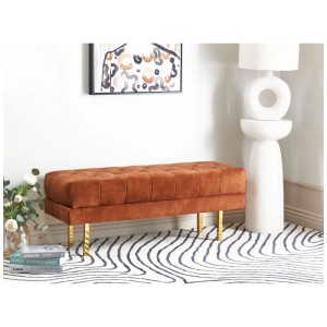 Banquette Beliani Roseville, velours rouge foncé, assise capitonnée, pieds dorés. Pouf élégant pour salon.
