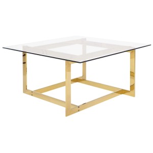 Table basse carrée Crystal avec plateau en verre et structure en métal doré, 80x80 cm.