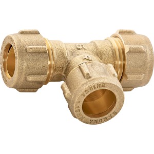 Raccordo a T a compressione in ottone, 15 mm, per impianti idraulici e di riscaldamento.