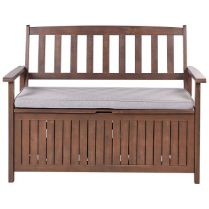 Banc de jardin Sovana en bois marron foncé avec coussin gris clair et rangement.