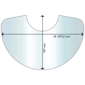 Halbmondförmige Aduro Glasbodenplatte (107,2 x 70,7 cm) für Kaminöfen.